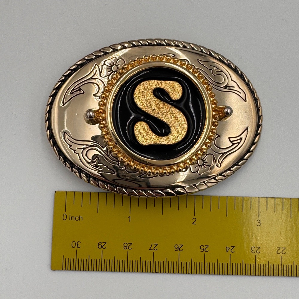 Vintage Western‎ Belt Buckle Gold Tone Initial S Black Enamel Oval Made in USA